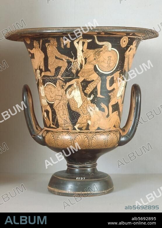 Vasenmalerei, faliskisch, rotfigurig, Nazzano-Maler, um 360 v. Chr. Ende 4. Jahrhundert v. Chr. - Szenen des Trojanischen Krieges. (Neoptolemos erschlägt Priamos mit dem Körper des Astyanax u. a.). Krater, Höhe 57 cm. Herkunft: Falerii Veteres (Civita Castellana). Inv. Nr. 1197. Rom, Museo Nazionale di Villa Giulia.