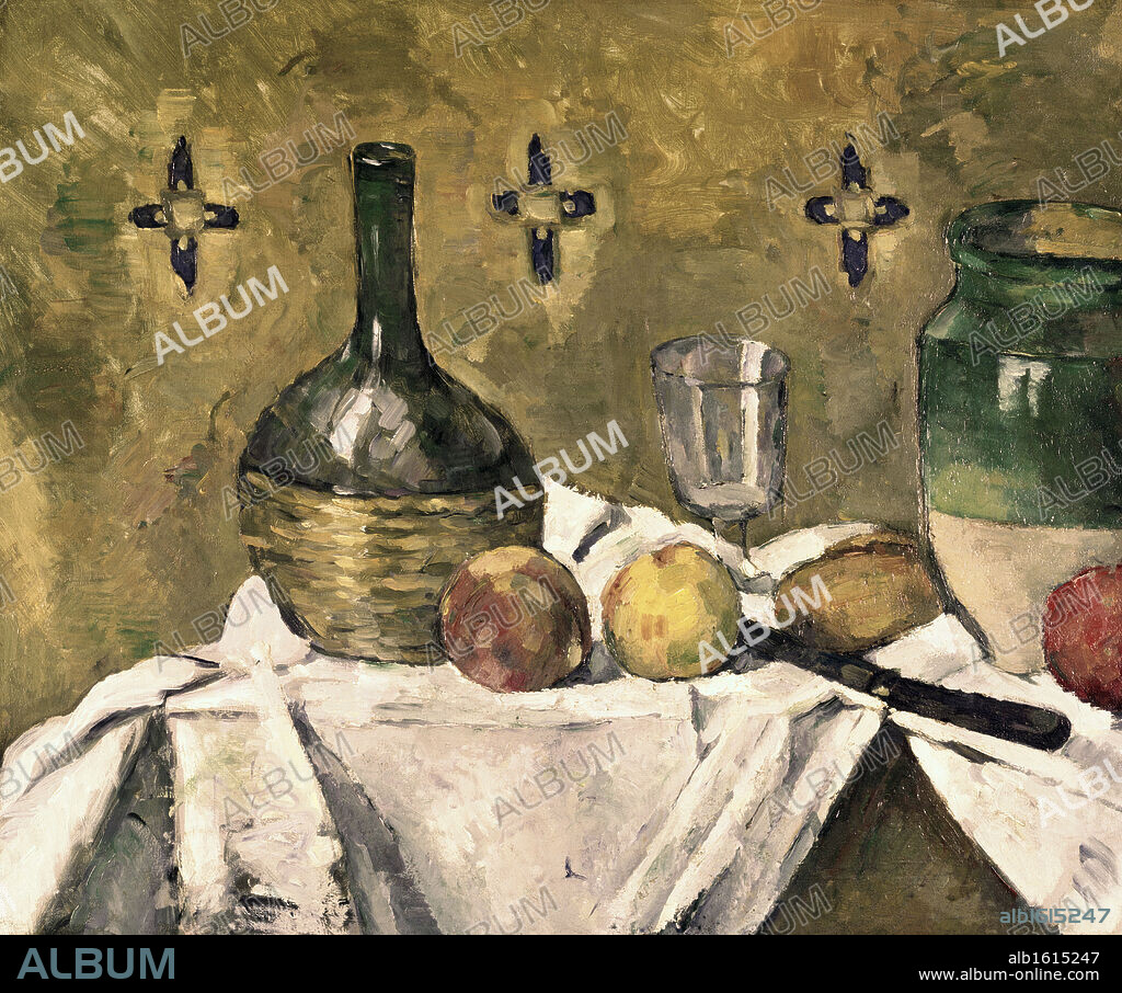 PAUL CÉZANNE. Flask, Glass & Fruit  1877  Paul Cezanne (1839-1906 French)  Oil on canvas  Solomon R. Guggenheim Museum, New York, USA.