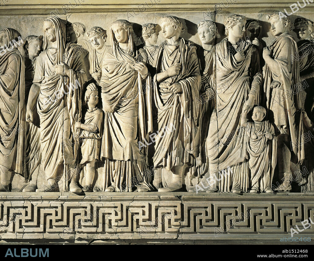 Roman civilization, 1st century BC. Reconstructed monumental Ara Pacis Augustae, erected 13-9 BC to celebrate Augustean policy. South side relief of Agrippa and Livia in procession with priests and court.