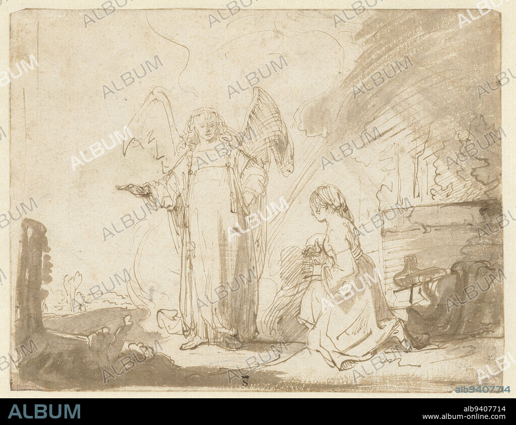 Hagar and the Angel at the Well on the Way to Shur, draughtsman: Ferdinand Bol, draughtsman: Rembrandt van Rijn, (rejected attribution), Amsterdam, c. 1640, paper, pen, brush, h 182 mm × w 233 mm.