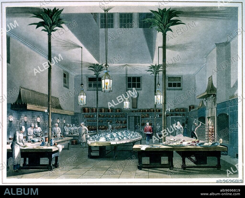 Nash design for the Royal Pavilion in Brighton - The Great Kitchen was one of the first areas to be completed as part of John Nash's reconstruction of the Pavilion. It was erected in 1816 with the cooking equipment supplied over the following two years by William Stark. The ceiling is supported by four cast iron columns with painted copper palm leaves. Above, the high lantern with its twelve sash windows provides a spacious feel to the Kitchen. George IV was delighted with the design and equipment in the Kitchen, used for the sumptuous banquets he hosted. Guests were often escorted around the Kitchen and surrounding culinary offices as part of the tour of the State Apartments. ©TopFoto.
