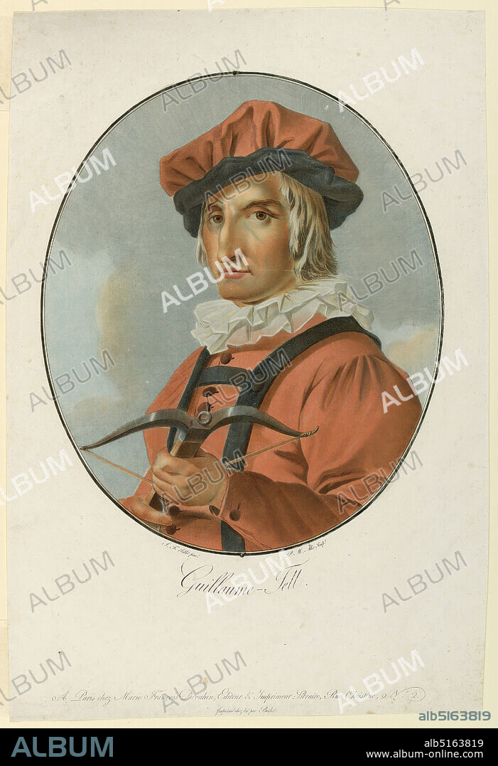 Portrait of Wilhelm Tell, Pierre-Michel Alix, French, 1762 - 1817, François-Jean Sablet, 1745 - 1819, Colored engraving, possibly aquatint on paper, In an oval enframement is the half length portrait of the Swiss legendary figure, Wilhelm Tell (probably around 1400-1450), turned slightly to the left, his cross-bow in his hand., Paris, France, ca. 1800-1815, Print, Print.