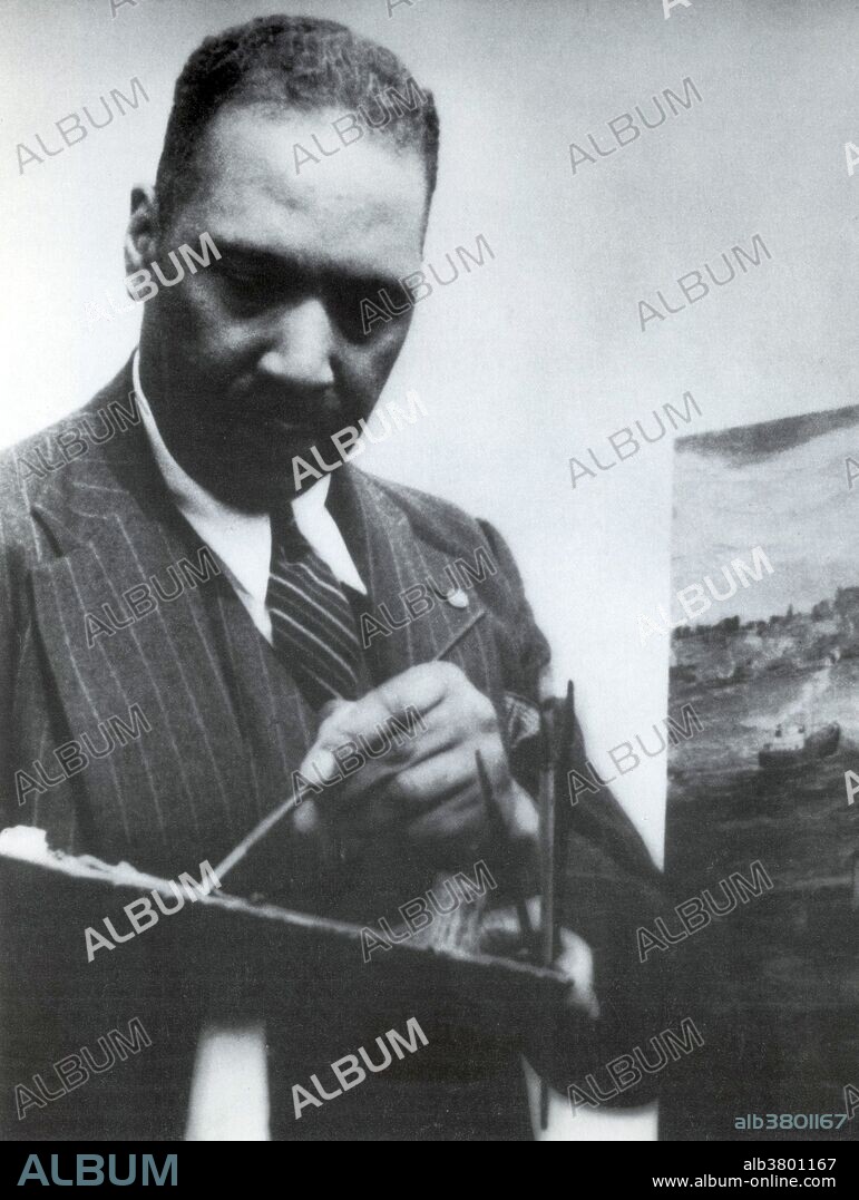 Undated photograph of Hayden working on painting. Palmer C. Hayden (January 15, 1890 - February 18, 1973) was an American painter who depicted African-American life. He was originally called Peyton Cole Hedgeman. He grew up in the town of Widewater, Virginia, and was a self-trained artist. He worked as a laborer for the Buffalo Bill Circus, then the Ringling Brothers Circus. Afterwards, he joined the Army's black Company a, 24th Infantry regiment, and was stationed in the Philippines. He worked as a deliveryman at West Point Academy during WWI, and while there he was given the name Palmer Hayden by his commanding sergeant. He moved to Greenwich Village after he was discharged to pursue a career in fine arts. He studied at the Cooper Union in New York City and also practiced independent studies at Boothbay Art Colony in Maine. Much of Hayden's influences came from the environment around him. He enjoyed painting, and used his time in Paris for inspiration. Over his next five years in Paris, Hayden was very productive, trying to capture elements of Parisian society. On his return to America, he began working for the United States government. His body of work mostly consists of oil and watercolor paintings, but also includes pen/ink drawings. Most art historians agree that his most influential or well-known works would be the ones which reflect African-American folklore. He died in 1973 at the age of 83.