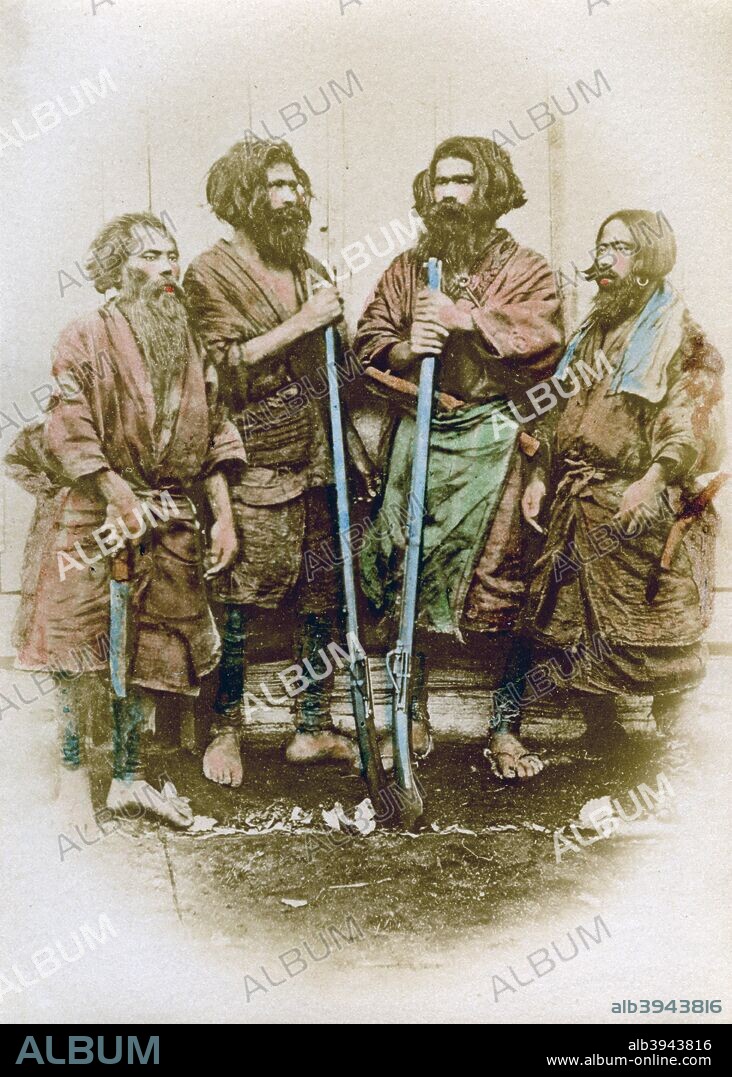 Group of Ainu people, Japan, 1882. The Ainu are a people indigenous to Hokkaido, northern Honshu, the Kuril Islands, Sakhalin and osuthern Kamchatka. A photograph from Labor and Porcelain in Japan, by the United States Counsul-General, Yokohama, 1882.