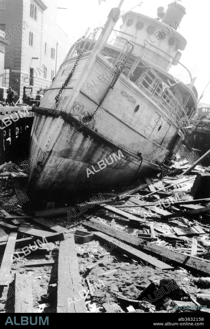 The tug Monhegan left high and dry by storm surge. New England Hurricane of 1938. Providence, Rhode Island September 22, 1938. The New England Hurricane of 1938 was the first major hurricane to strike New England since 1869. The hurricane was estimated to have killed between 682 and 800 people, damaged or destroyed over 57,000 homes, and caused property losses estimated at US $306 million ($ 41.1 billion in 2011). To date it remains the most powerful, costliest and deadliest hurricane in New England history.