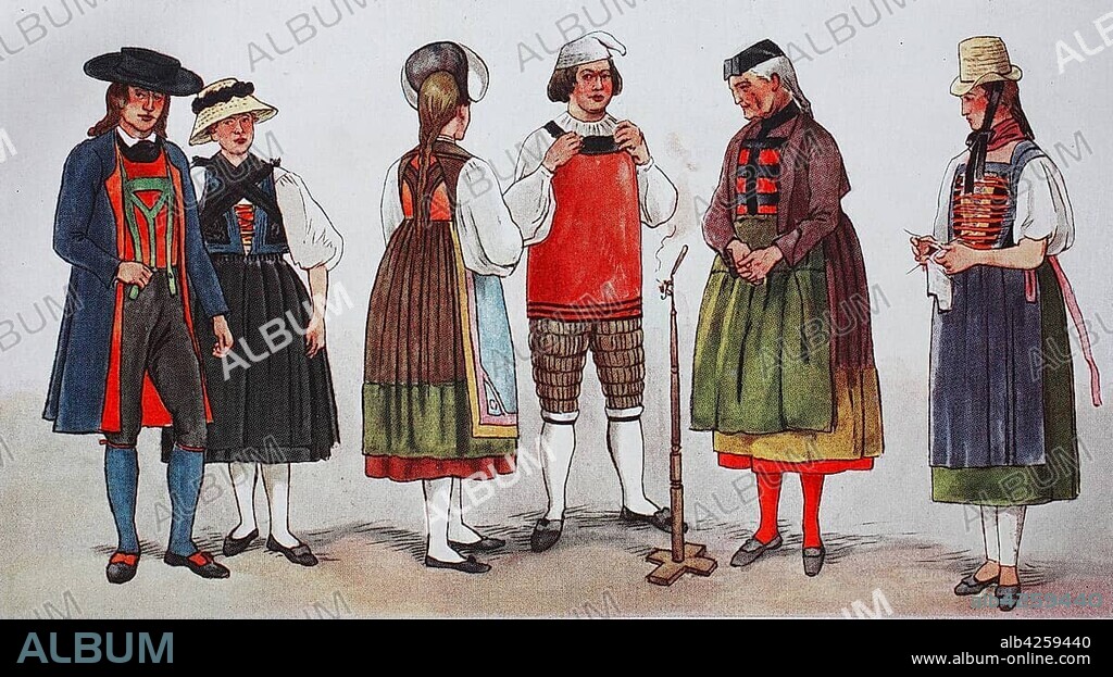 People in traditional costumes, fashion, clothes in Germany, costumes in the Black Forest, about 19th century, illustration, Germany