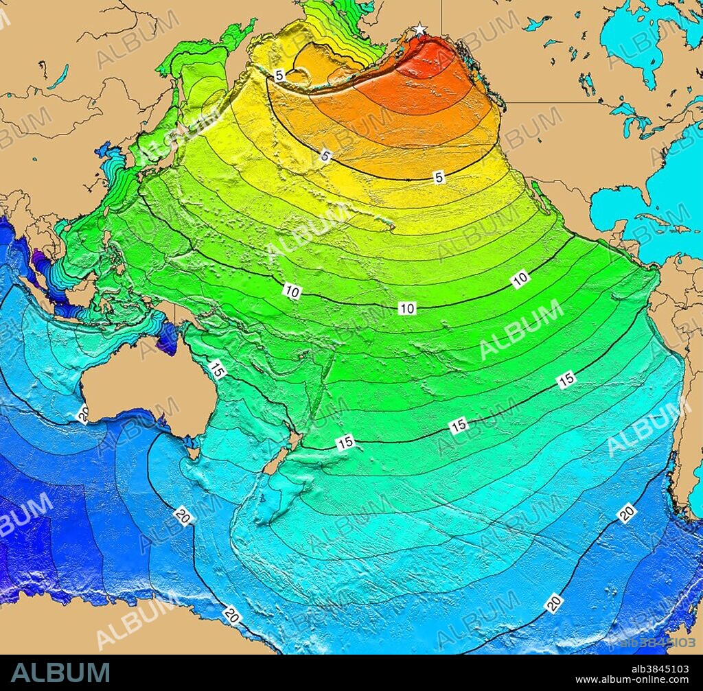 March 28, 1964 Prince William Sound, Alaska. This magnitude 9.2 Mw earthquake and ensuing tsunami caused 125 deaths and $311 million in property loss ($84 million and 106 deaths in Alaska). It was felt over a large area of Alaska and in parts of western Yukon Territory and British Columbia, its effects were heaviest in south central Alaska. The duration of the shock was estimated at 3 minutes. Vertical displacement occurred over 525,000 square km. About 20 landslide tsunamis were generated; the tectonic tsunami devastated many towns along the Gulf of Alaska, left serious damage in British Columbia, Hawaii, and along the west coast of the U.S. (15 killed), and was recorded on tide gages in Cuba and Puerto Rico. Map generated using Tsunami Travel Time (TTT) software: calculates first-arrival travel times on a grid for a tsunami generated at an earthquake epicenter. Map contours: 1 hour intervals: red 1-4 hour arrival times, yellow: 5-6 hour arrival times, green: 7-14 hour arrival times, blue: 15-21 hour arrival times. Maps were generated from earthquake epicenters in the NGDC Global Historical Tsunami Database using NGDC 2 Minute Gridded Global Relief Data bathymetry. Maps do not provide the height or the strength of the wave, only the arrival times.
