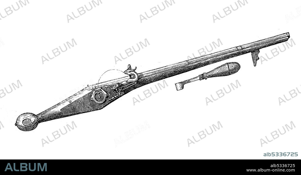 Arquebus, a form of long gun that appeared in Europe and the Ottoman Empire during the 15th century  /  Hakenbüchse oder Arkebuse, Vorderladern des 15. und 16. Jahrhunderts, mit Radschloß, Historisch, historical, digital improved reproduction of an original from the 19th century / digitale Reproduktion einer Originalvorlage aus dem 19. Jahrhundert,.