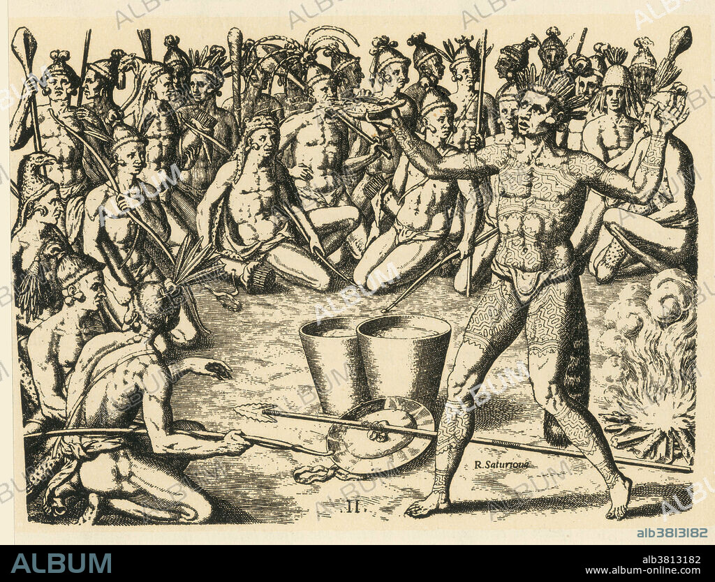 Late 16th-century engraving by Theodor de Bry, after a watercolor by Jacques le Moyne, titled War Dance. The engraving shows the chief preparing for battle. Two containers of water were used in the ritual. One container, representing the enemy's blood, was splashed over the men; another was poured over the fire (in the hope that the enemy would likewise be extinguished). Although de Bry never set foot in the New World himself, he made many copies of watercolors by the French artist le Moyne depicting the Timucua tribe of Florida. They are some of the earliest, if not necessarily the most accurate, surviving records of the Native Americans of the period.