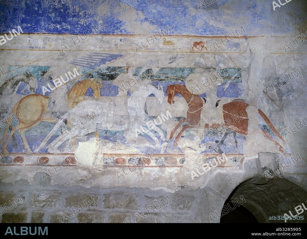 Fight between Frankish and Saracen knights. Franks are identified by their conical hull and elongated shield, with the rounded top and the bottom pointed. The Saracens cover themselves with a turban and protect themselves with a circular shield. Fresco. Room of the tower of the Viscount Trencavel. Castle Museum. Carcassone France.