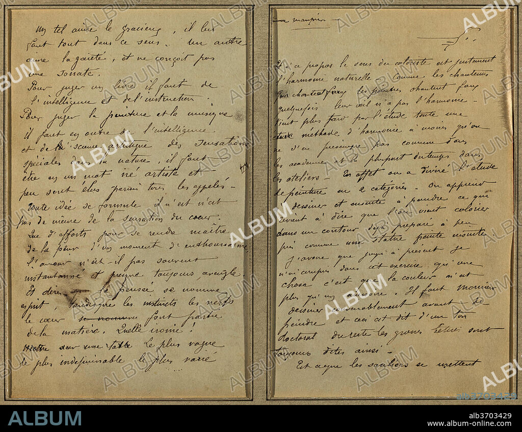 PAUL GAUGUIN. Manuscript Pages [recto]. Dated: 1884-1888. Dimensions: overall: 16.9 x 22 cm (6 5/8 x 8 11/16 in.). Medium: page of notes; pen and brown ink on wove paper.