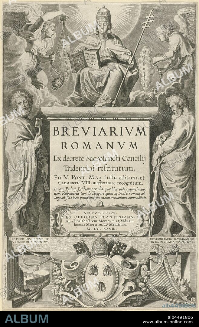 Title page for Breviarium Romanum, 1648 Scè nes from the Old and New Testament (series title) Breviary Romanum (series title) Breviarivm Romanvm (series title on object), Central the title of the book in a rectangular frame. The apostles Peter and Paul on either side of the title frame. At the top the throning personification of the Roman Catholic Church. In her hands the triple bishop's staff and a Bible. A papal tiara on her head. Angels stand around her with incense. At the bottom of the coat of arms of Urban VIII, triumph of the Church (or Religion), insignia of the pope, e.g. tiara, the apostle Peter, first bishop of Rome, possible attributes: book, cock, (upturned) cross, (triple) crozier, fish, key, scroll, ship, tiara, the apostle Paul of Tarsus, sword, angels, armorial bearing, heraldry (with NAME of family) - coat of arms, Theodoor Galle (possibly), Antwerp, 1614 and/or 1648, paper, engraving, h 347 mm × w 223 mm.