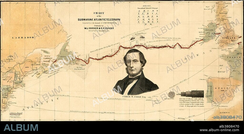 Chart of the path of the first transatlantic telegraph cable, laid in 1858. One of the 19th century's great technological achievements was to lay a telegraphic cable beneath the Atlantic, allowing messages to speed back and forth between North America and Europe in minutes, rather than ten or twelve days by steamer. An initially successful attempt in 1858, led by Cyrus W. Field (portrait on map) and financed by the Atlantic Telegraph Company, failed after three weeks. Two working cables were finally laid in July and September 1866, the result of repeated efforts by the indefatigable Field, a cadre of engineers, technicians, and sailors, two groups of financial backers, and significant help from the British and United States navies. The cable ran from Telegraph Field, Foilhommerum Bay, Valentia Island in western Ireland to Heart's Content in eastern Newfoundland.