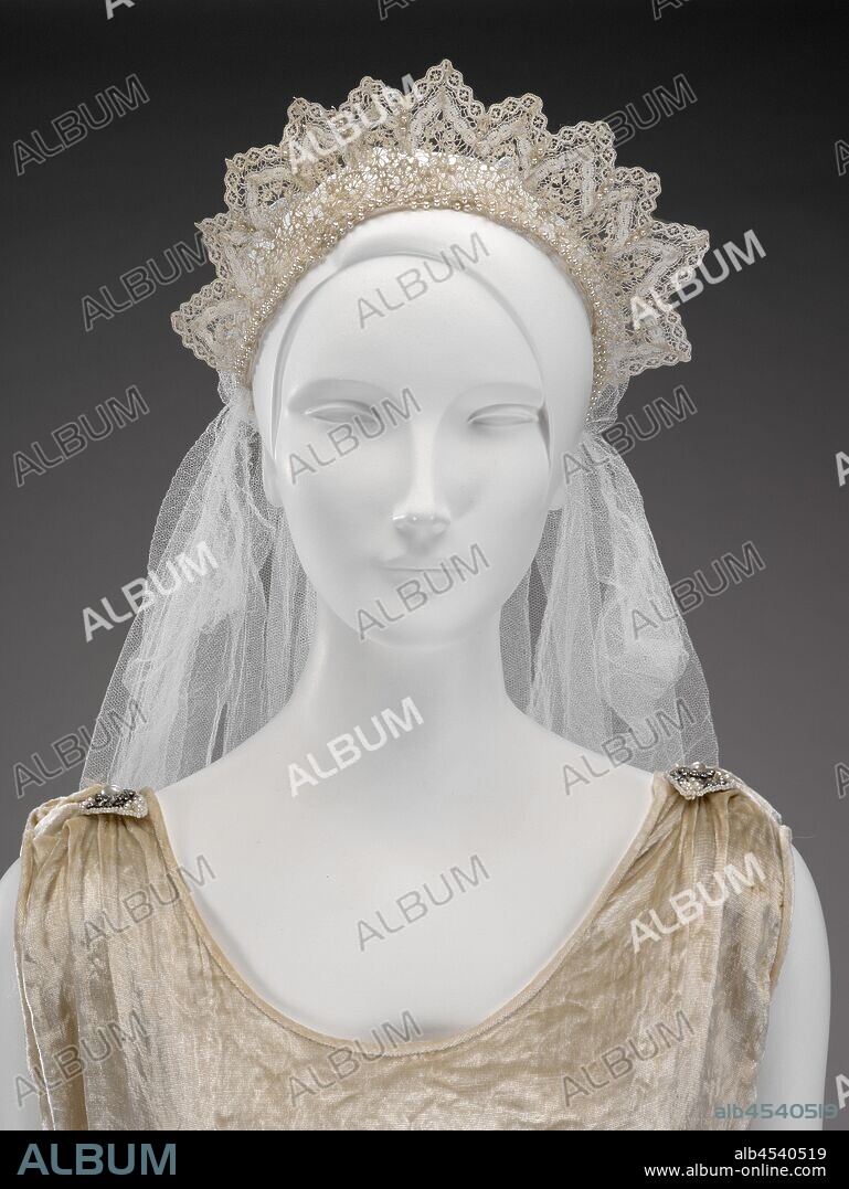 wedding dress, chemise, train, veil, 1925, silk velvet, silk chiffon, silk satin, linen lace, silk netting, glass pearls and rhinestones, L: 45 in. (dress) L: 102 in. (train), Textile and Fashion Arts.