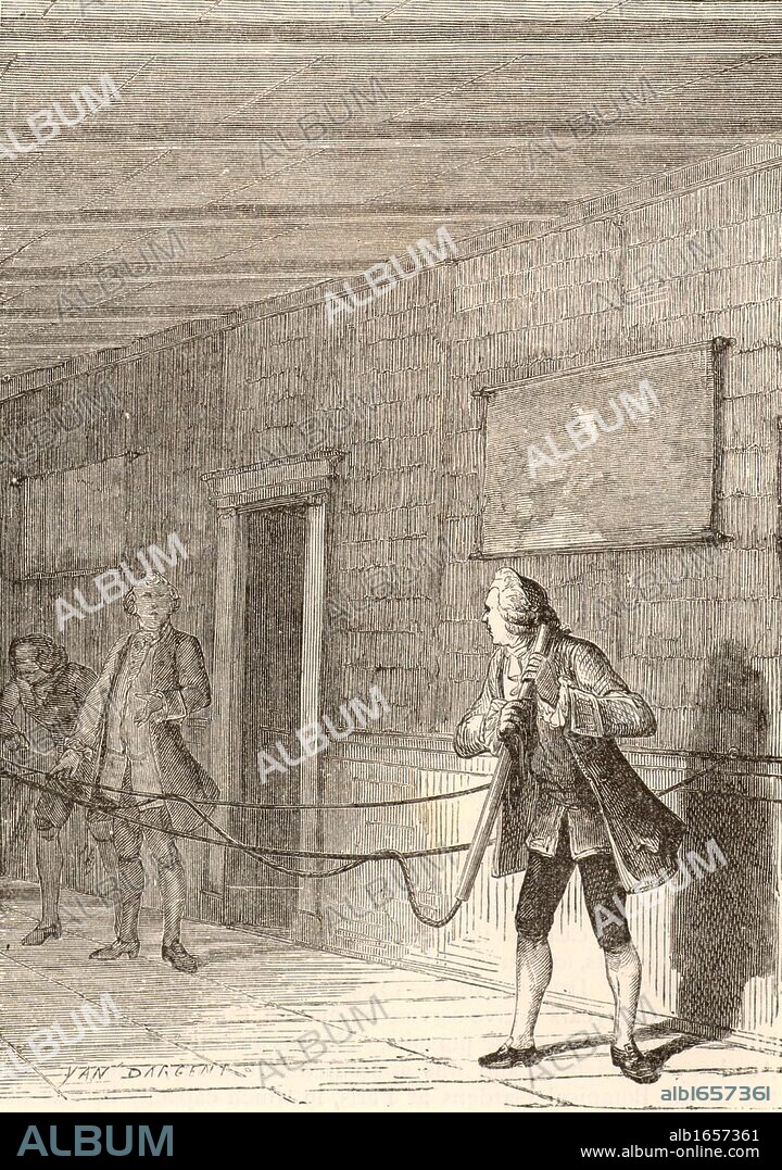 Stephen Gray (1666-1736) English scientist born at Canterbury, Kent, credited with the discovery of the flow of electricity. Artist's impression of Gray passing electricity from a glass globe electrostatic machine down a 44.8 metere (147 feet) length of packthread (1729). Engraving from "A Popular History of Science" by Robert Routledge (London, 1881). (Photo by: Universal History Archive/UIG via Getty Images).