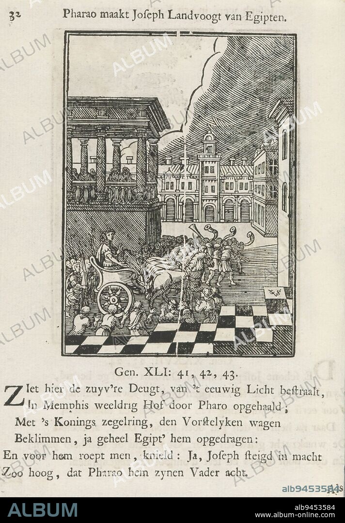 Joseph in the sea chariot, Pharaoh makes Joseph governor of Egipten (title on object), Joseph sitting in the sea chariot, having been appointed by Pharaoh over all Egypt. Above the image is a title. Below it are six verses and a reference to Genesis 41: 41-43. The print is part of an album., print maker: Christoffel van Sichem (II), (mentioned on object), print maker: Christoffel van Sichem (III), (mentioned on object), publisher: Jan Klooster, Amsterdam, 1645 - 1646 and/or 1740, paper, letterpress printing, height 110 mm × width 79 mm, height 172 mm × width 129 mm.