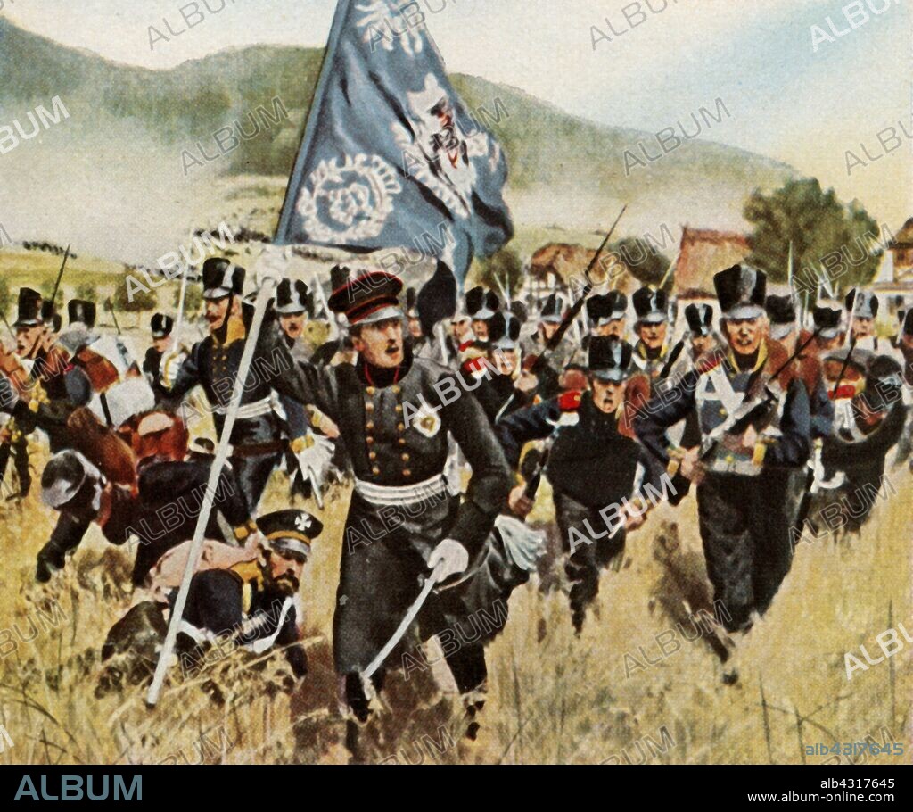 The Battle of Kulm and Nollendorf, 29 and 30 August 1813, (1936). 'Die Schlacht Bei Kulm Und Nollendorf, 29 Und 30 August 1813'. The Battle of Kulm was fought near the town of Kulm (Chlumec) in northern Bohemia, (now Czech Republic), during the War of the Sixth Coalition. The allied forces of Austria, Russia and Prussia defeated the French under General Vandamme. From "Bilder Deutscher Geschichte", (Pictures of German History), No.12, cigarette card album. [Cigaretten-Bilderdienst, Altona-Bahrenfeld, Hamburg, Germany, 1936].