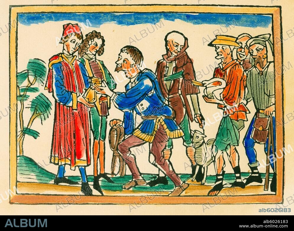 Gesellschaft / Stände.-Bauern bei der Ablieferung ihrer Abgaben.-Holzschnitt. Spätere Kolorierung. Aus: Rodericus Zamorensis, Spiegel des menschlichen Lebens, Augsburg 1479.