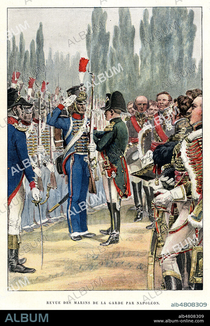 Revue des marins de la Garde par NAPOLEON 1er (1769-1821). Illustration de 1897 par Eugene COURBOIN (1851-1917) pour Les Heros de la Marine francaise par Georges CONTESSE. Credit : Collection Jonas/Kharbine-Tapabor.