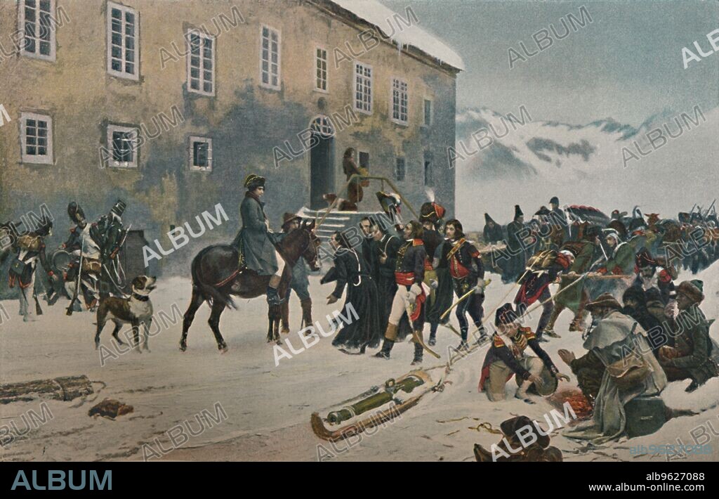 'Bonaparte Received By The Monks of Mount St. Bernard. Passage of the Alps, May 1800', (1896). Napoleon Bonaparte (1769-1821) and his army crossed the Alps through the Great St. Bernard Pass between Switzerland and Italy in May 1800. Typogravure after the painting by Jules Girardet. From Life of Napoleon Bonaparte, Volume II, by William Milligan Sloane. [The Century Co., Macmillan & Co., Limited, New York & London, 1896].