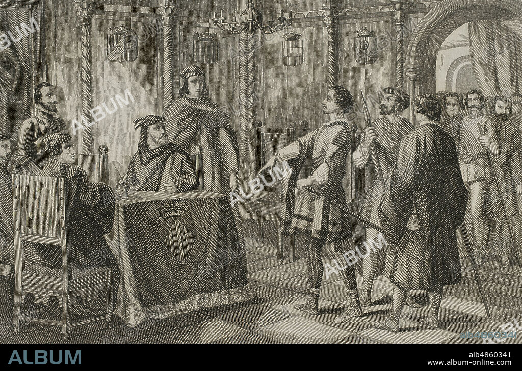La rebelión de las Germanías en el reino de Valencia, a comienzos del reinado de Calos I, entre 1519 y 1523. Inmediatamente de su llegada a Cuart, el virrey envió a los tres estamentos del reino las credenciales de los poderes de los que estaba revestido por el Rey Carlos. Juan Lorenzo, quien tenía gran influencia entre los agermanados y era el cerebro de la revolución, hizo observar que los estamentos no debían reconocer la autoridad del virrey. Los trece de la germanía creyeron que lo más conveniente era atraerse al virrey y comisionaron a Guillem Sorolla para que en su nombre fuese a darle la bienvenida y le manifestase que la germanía daria en su honor una gran parada. Guillem Sorolla ante el consejo. Grabado. Historia de Cataluña y de la Corona de Aragón, por Victor Balaguer. Barcelona,1863.