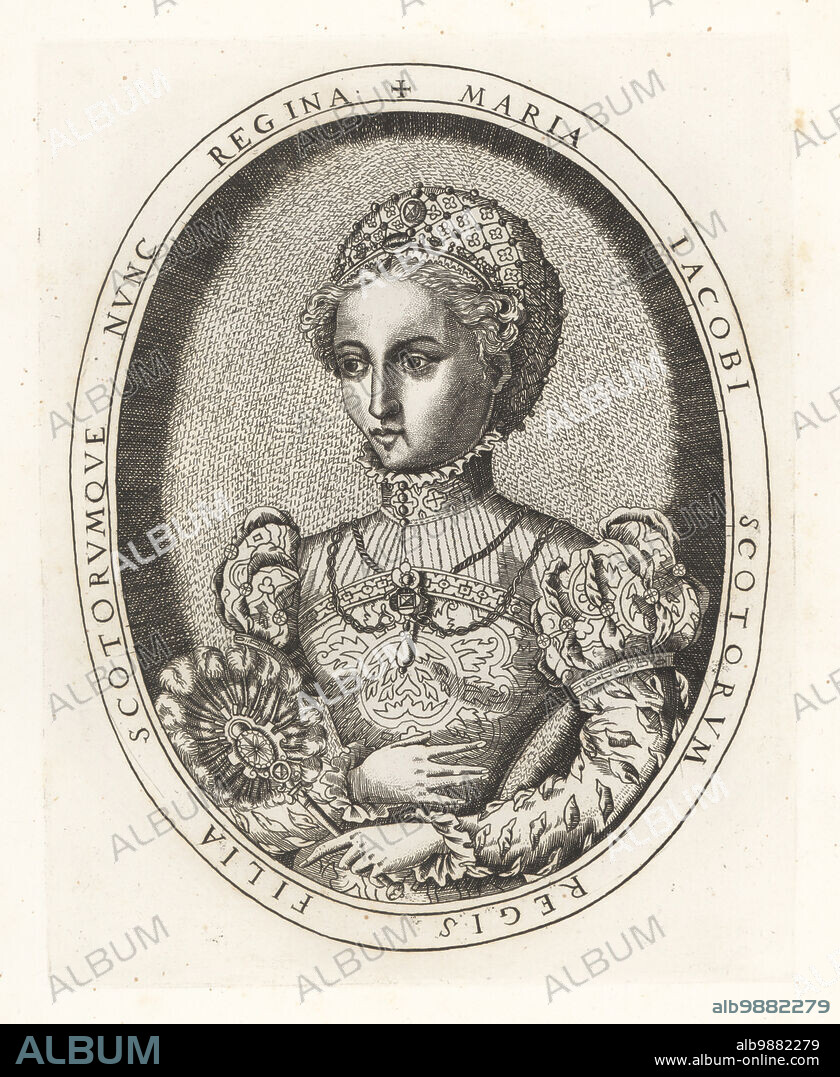 Princess Mary, daughter of King James V of Scotland, 1542-1587. Later Mary Queen of Scots, Mary Stuart, Mary I, Queen of Scotland. In bejeweled cap, brocade gown with slashed sleeves, holding a feather fan. Maria Jacobi Scotorum Regis Filia Scotorumque Nunc Regina. From a singular and rare print. Copperplate engraving from Samuel Woodburns Gallery of Rare Portraits Consisting of Original Plates, George Jones, 102 St Martins Lane, London, 1816.