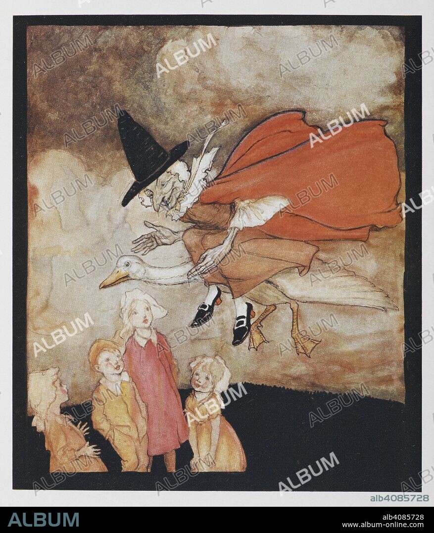 Old Mother Goose, flying over some children in a red cape and black hat. Mother Goose. The old nursery rhymes. Illustrated by Arthur Rackham. London : William Heinemann, [1913.]. Source: 11646.h.32. facing page 82.