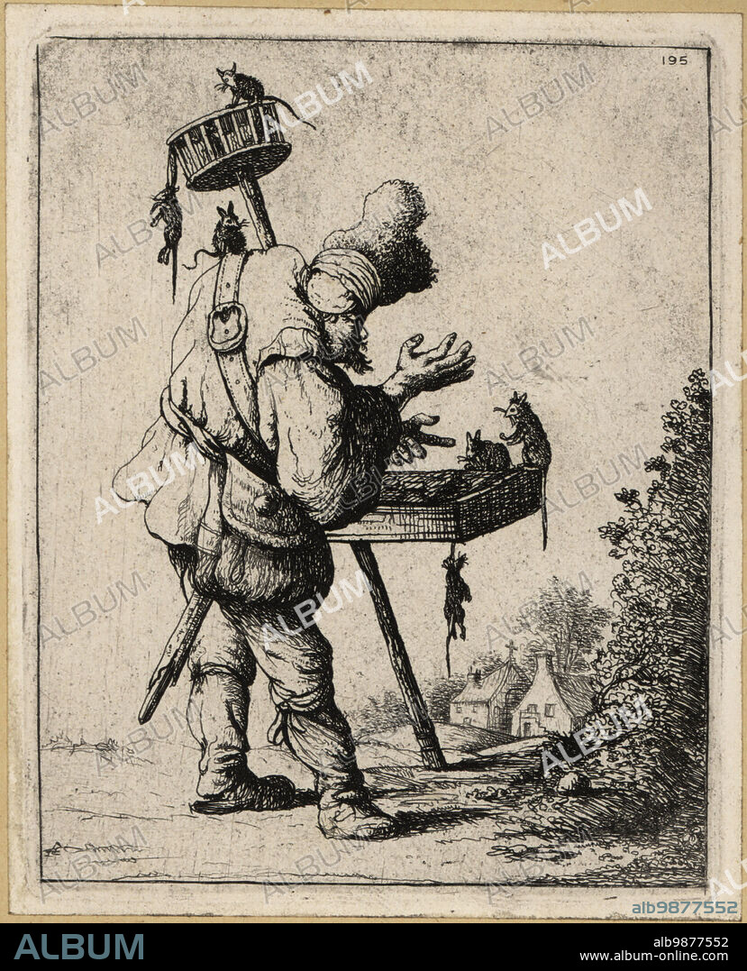 17th century Dutch itinerant rat-catcher with tray of poison, trap on a long pole, poison, bag and dagger. From a series of beggars after Rembrandt, 1632. Copperplate engraving by David Deuchar after an original by Jan van Vliet from A Collection of Etchings after the most Eminent Masters of the Dutch and Flemish Schools, Edinburgh, 1803.