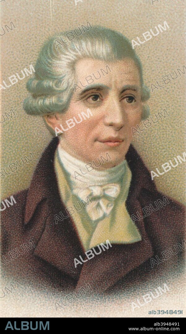 Joseph Haydn (1732-1809), Austrian composer. Haydn (1732-1809) was a leading figure in the development of classical music during the 18th century. He established the form of the string quartet, and was the first great composer of symphonies, of which he produced a total of 108. He was a major influence on the work of Mozart and Beethoven. Taken from Will's Cigarette card, Musical Celebrities series, 1911.