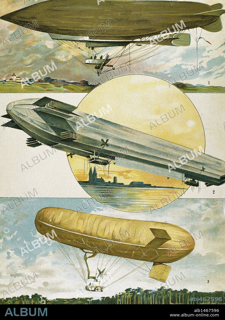 DIRIGIBLES. De arriba a abajo: PATRIE, ZEPPELIN y PERSEVAL. Dibujo del s. XX.