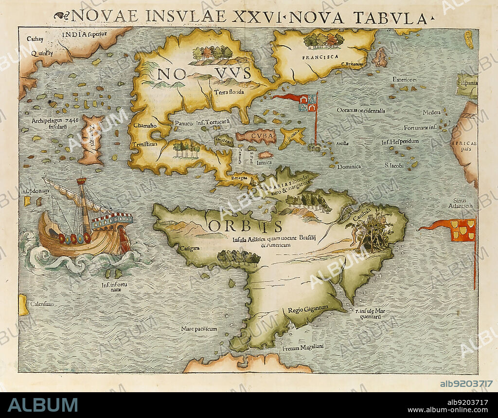 Map of showing North and South America as the New World. The map first appeared in Sebastian Münster's Cosmographia in 1544. It is considered the first to show the entire continents of North and South America.