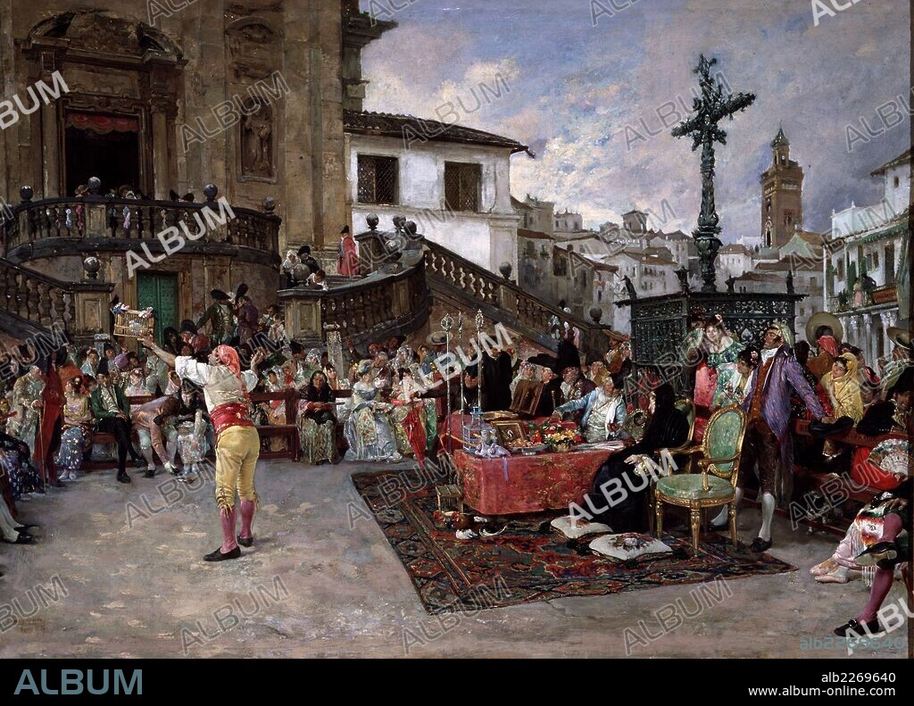 JOSE JIMENEZ ARANDA. SPANISH PAINTER. SEVILLE 1837 - 1903. THE RAFFLE OF THE SAINT, OIL ON CANVAS. ROME 1875.