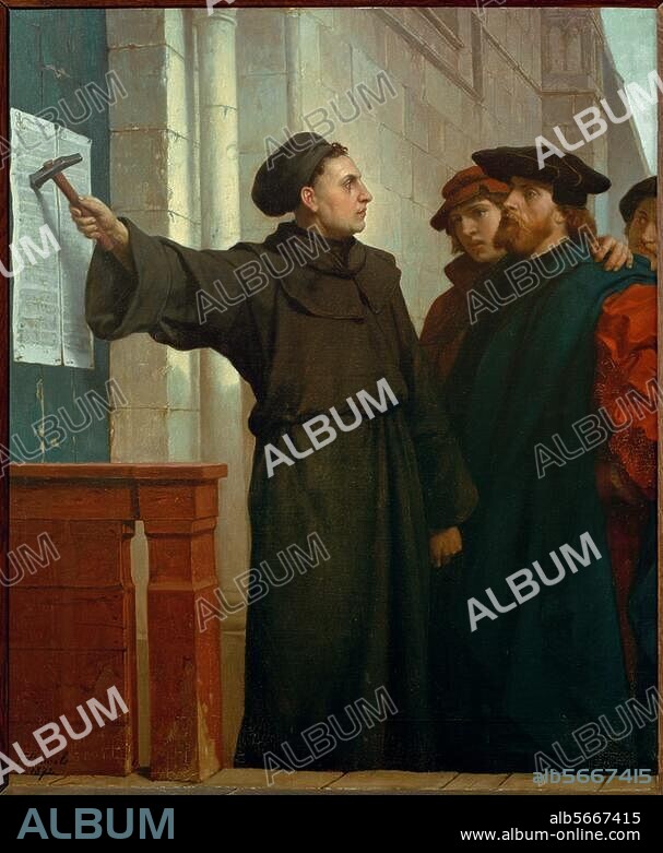 Luther, Martin Reformator. 1483-1546. "Martin Luthers Thesenanschlag". (Thesenanschlag an der Schloßkirche zu Wittenberg am 31. Oktober 1517). Gemälde, 1872, von Ferdinand Pauwels. (1830-1904). Öl auf Leinwand, 85 × 72 cm. Eisenach, Wartburg.