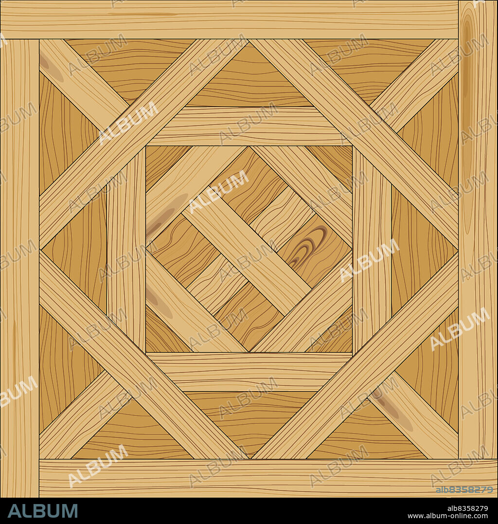 Wood flooring composed of a border and of different geometric figures. Inspired by the Chateau d'Arenberg in Belgium.