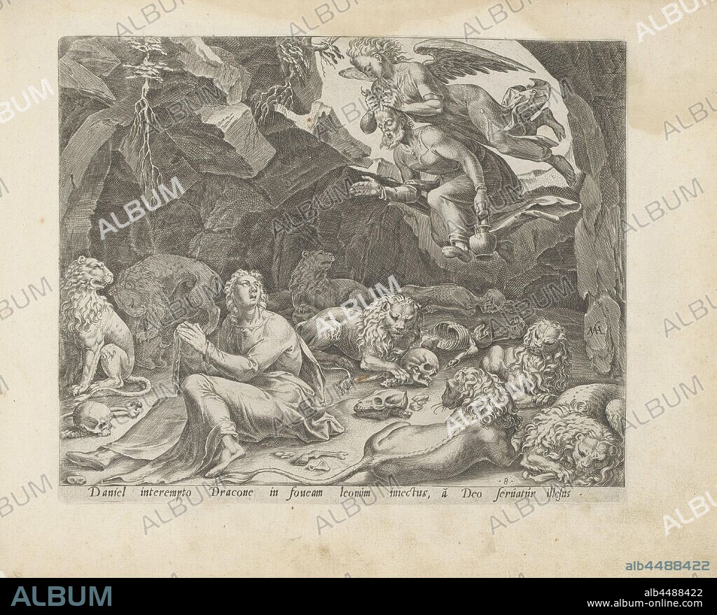 Daniel in the lion's den Van den Bel and den Draeck in Babel (series title) History of Daniel, Bel and the dragon (series title) Den Grooten Figuer-Bibel (...) ( series title), Daniel is trapped in the lion's den with seven lions. An angel brings the prophet Habakkuk to the lion's den. Habakkuk brought food for Daniel at God's request. Under the representation an explanatory text in Latin. Print is part of an album, the prophet Habakkuk, carried by his hair by an angel, brings food to Daniel who sits unharmed between the lions, Philips Galle, 1565 and/or 1646, paper, engraving, h 201 mm × w 244 mm.