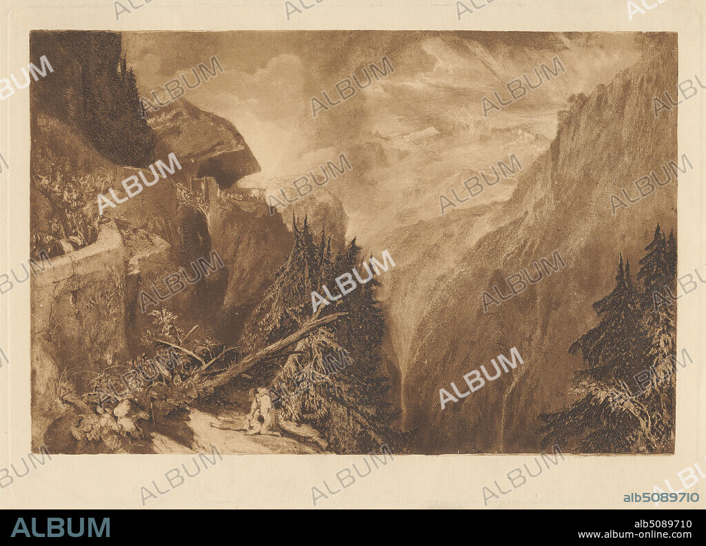 Val d'Aosta, Print made by Arthur Dawson, 18581922, after Joseph Mallord William Turner, 17751851, British, undated, Mezzotint and etching on moderately thick, slightly textured, cream wove paper, Sheet: 10 5/16 x 14 1/2 inches (26.2 x 36.8 cm), Plate: 7 5/8 x 10 5/8 inches (19.4 x 27 cm), and Image: 6 9/16 x 9 15/16 inches (16.7 x 25.3 cm), cliffs, figures, landscape, mountains, trees, valley (landform), wall, Europe, Italy, Valle d'Aosta.