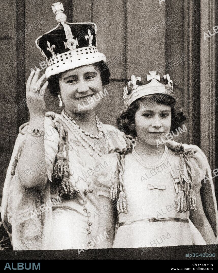 Queen Elizabeth on the day of her coronation in 1936 with her daughter Princess Elizabeth on the balcony of Buckingham Palace, London, England. Elizabeth Angela Marguerite Bowes-Lyon, 1900 –2002. Princess Elizabeth, future Queen Elizabeth II. Elizabeth II, born 1926. Queen of the United Kingdom, Canada, Australia and New Zealand.