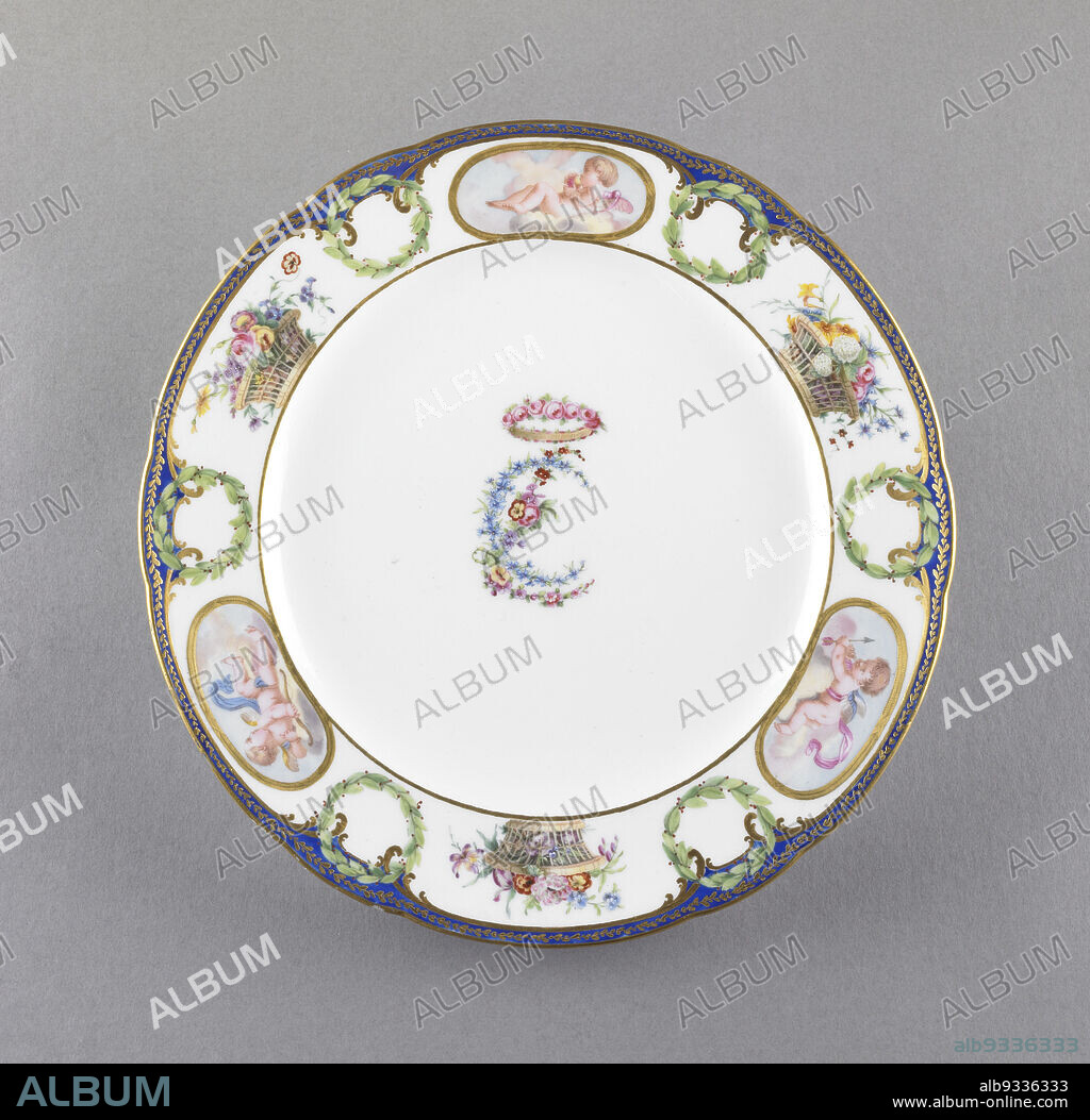 Plate, from the Charlotte-Louise Service, commissioned by Louis XV, King of France (1715-1774), French, 1710 - 1774, Sèvres Porcelain Factory, France, founded 1756, Jean-Louis Morin, French, 17321787, Nicolas Bulidon, French, active 17631792, 1773, Glazed porcelain with enamel and gilding, Made in Sèvres, France, Europe, Ceramics, 9 5/8 x 1 in. (24.4 x 2.5 cm).