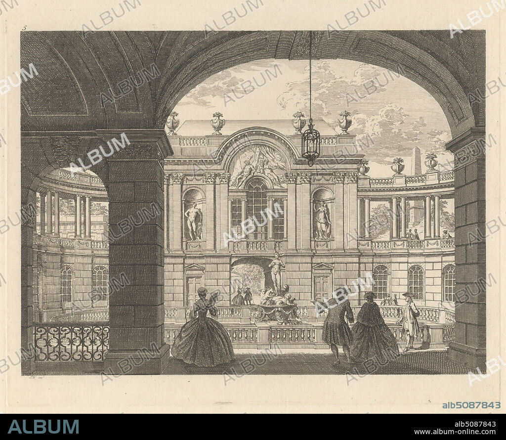 One of six perspective designs for the Concave Mirror and engraved mirrors in Vauxhall Gardens, Print made by Jacob Bonneau, 17411786, British, after Samuel Wale RA, 17211786, British, and after John Gwynn RA, 17131786, British, 1751, Etching and stipple engraving on moderately thick, slightly textured, cream laid paper, Sheet: 10 15/16 x 15 1/2 inches (27.8 x 39.4 cm), Plate: 9 13/16 x 12 1/4 inches (24.9 x 31.1 cm), and Image: 8 9/16 x 11 9/16 inches (21.8 x 29.4 cm), animals, arches, architectural subject, balustrade, children, cloaks, columns, concave mirrors, costume, designs, discussion, dresses, exploring, fancy dress, fans, gardens, hallways, hats, leisure, men, palace, plans, sculpture, stairs, statues, talking, windows, women, wrought iron, England, Greater London, Lambeth, London, Southwark, United Kingdom, Vauxhall Gardens.