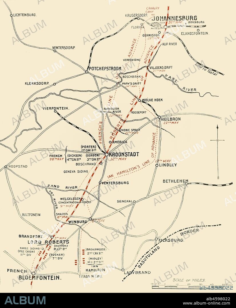 'Map Showing the Lines of Advance from Bloemfontein to Pretoria', 1901. On 13 March 1900 the British army occupied Bloemfontein and occupied Pretoria on 5 June 1900. After Bloemfontein and Pretoria had fallen to Britain, many Boers laid down their arms demoralized. From "South Africa and the Transvaal War, Vol. V", by Louis Creswicke. [T. C. & E. C. Jack, Edinburgh, 1901].