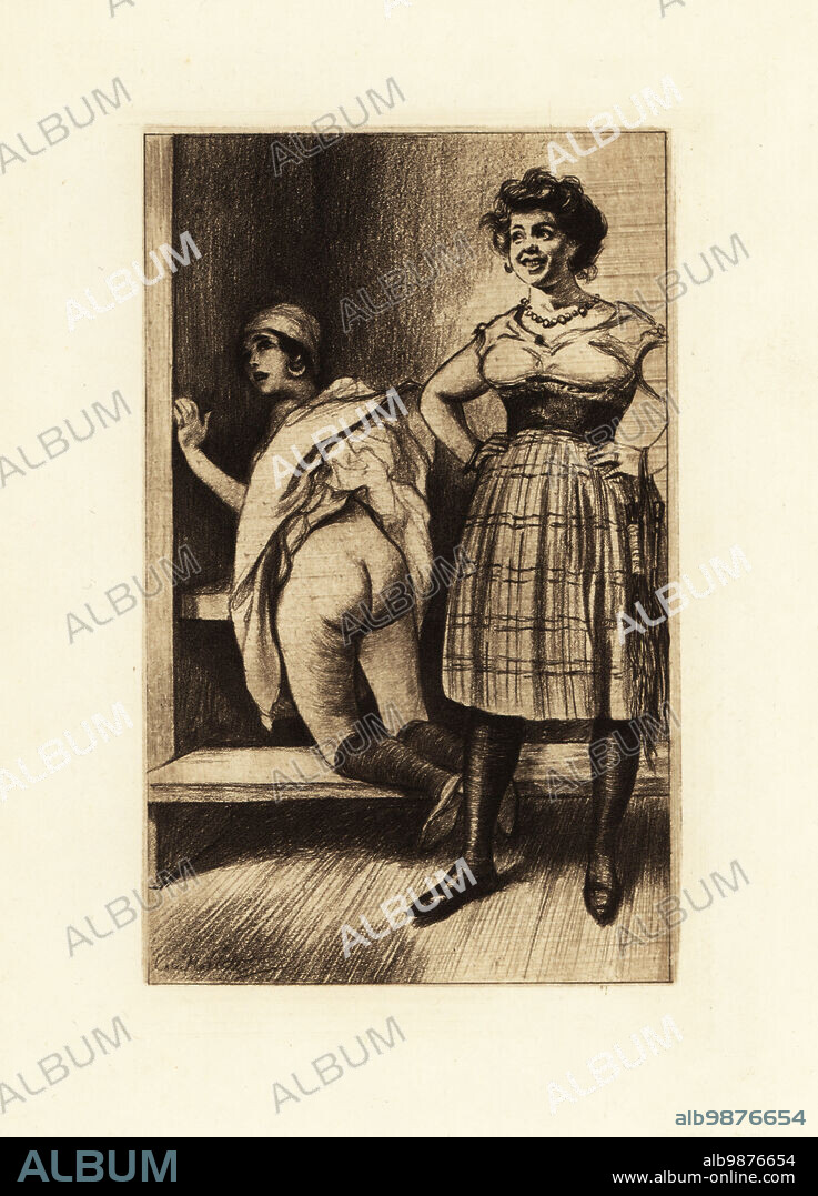 Slave with birch rod laughing at a white woman with her buttocks exposed in a corner of a room. Originally published in the Victorian spanking novel The Memoirs of Dolly Morton by Hugues Rebell (George Grassal), published by Charles Carrington in 1899. Photogravure after an illustration by Louis Malteste from Jacques dIcys Qui Aime Bien ou la flagellation dans la vie moderne, Jean Fort, Paris, 1912.