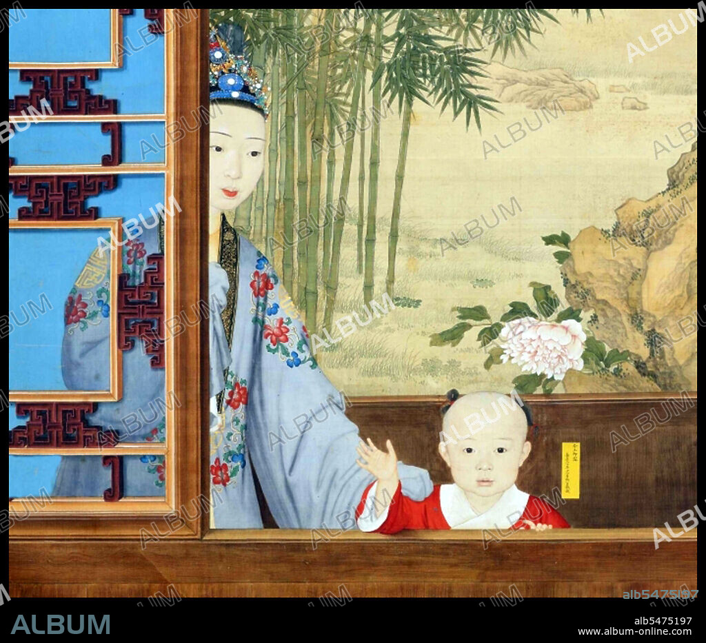 Detail of a Qing Dynasty painting showing the future Emperor Jiaqing (1760-1820) with his mother Empress Xiao Yi Chun (1727-1775) in the palace of his father Qing Emperor Qianlong (1711-1799).