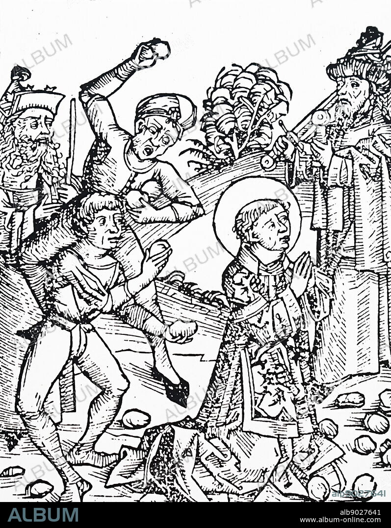 Woodcut depicting the martyrdom of Saint Stephen by being stoned to death. Dated 15th Century.