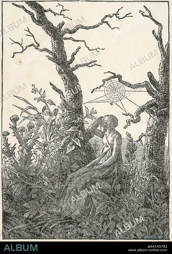 Woman with Spider's Web Between Bare Trees. Caspar David Friedrich; German, 1774-1840. Date: 1803. Dimensions: 170 x 120 mm (image/block); 260 x 193 mm (sheet). Woodcut on ivory wove paper. Origin: Germany.