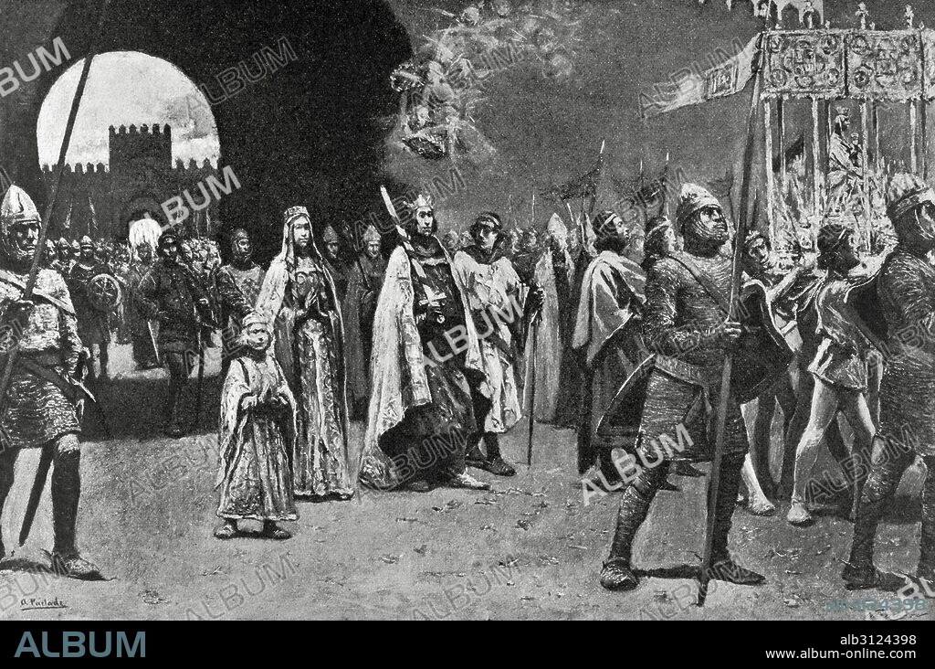 FERNANDO III El Santo (1201-1252). Rey de Castilla (1217-1252) y de León (1230-1252). Dirigió las campañas más importantes de toda la reconquista, en 1236 tomó Córdoba y un poco antes de su muerte logró conquistar Sevilla. En 1671 fue canonizado. Grabado del siglo XIX extraido de una composición de Andrés Parladé. "Entrada de San Fernando en Sevilla". 1248.