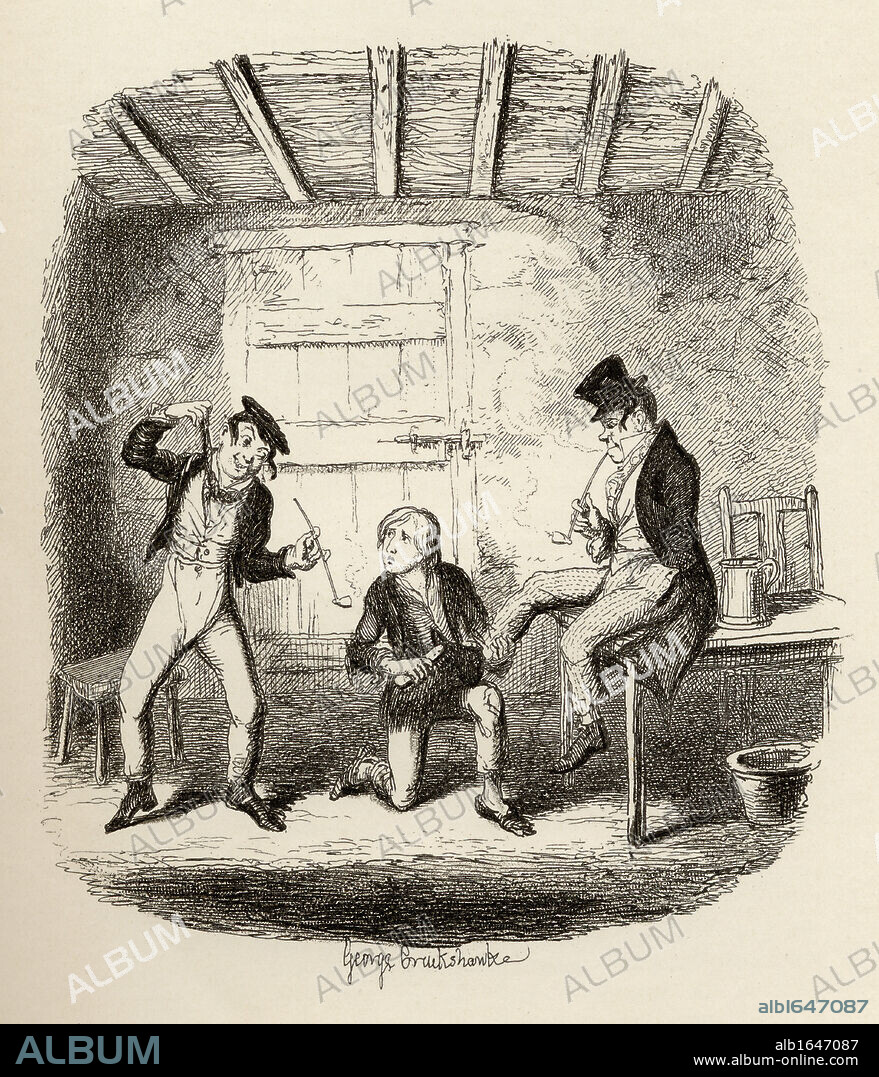 Master Bates explains a professional technicality. From the book "The Adventures of Oliver Twist" by Charles Dickens, with illustrations by G.Cruikshank. Published by Chapman and Hall, London 1901.