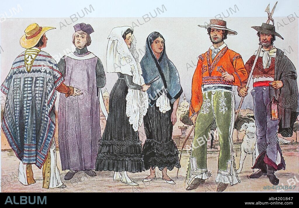 Clothing, fashion in Central America, Mexico, early 19th century, from the left, a Poblano, a Mexican citizen, then a pupil from the seminary, a girl with a pointed mantilla, a creole with a simple mantilla, a rich Mexican with a felt hat and a Serano, a night watchman, digital improved reproduction from an original from the year 1900.