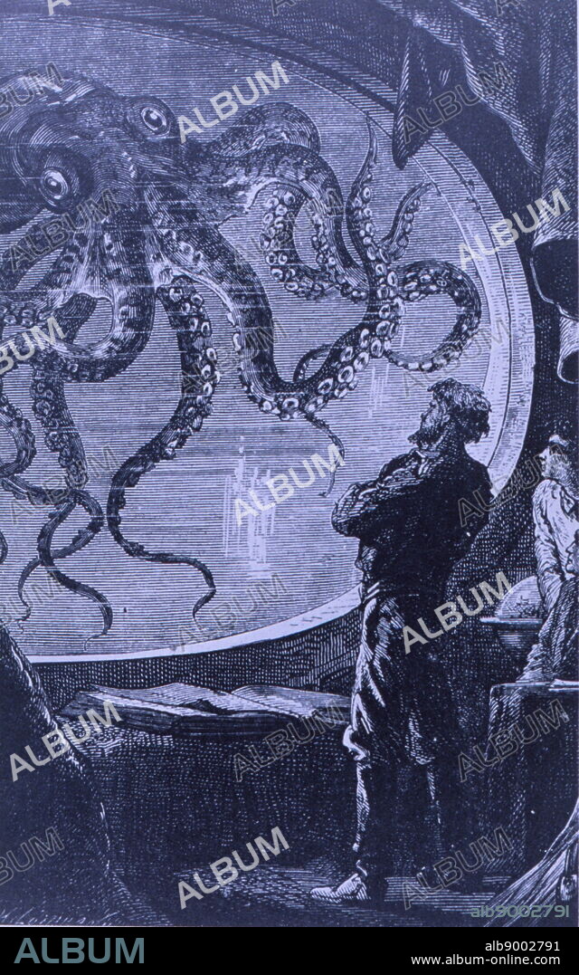 Engraving depicting Captain Nemo observing a giant octopus, from Jules Verne's '20,000 Leagues under the Sea.' Dated 19th Century.