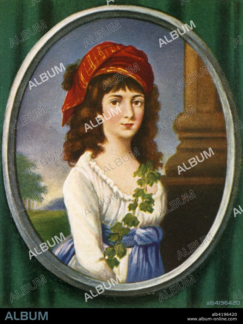 'Charlotte Corday', (1933). Portrait of Charlotte Corday (1768-1793). Corday, a Girondin, stabbed Jean-Paul Marat, a radical Jacobin, to death in the bath at his home on 13 July 1793, having gained admission on the pretext of having information about a Girondin plot. Her action provoked severe reprisals against both Girondins and royalists. Corday herself was guillotined on 17 July for Marat's murder. From "Gestalten Der Weltgeschichte", a book of cigarette-card portrait miniatures of figures in world history from the last four hundred years. [Germany, 1933].