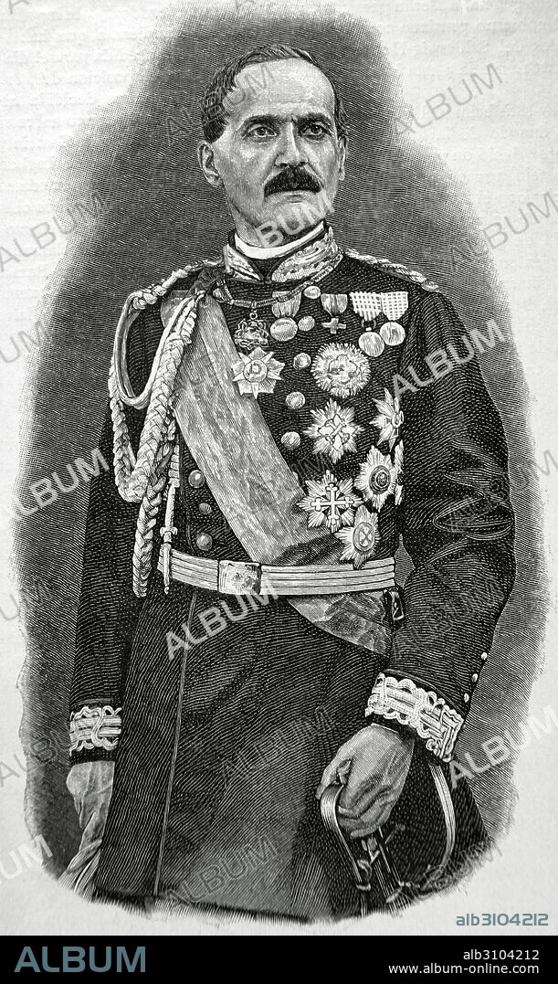 Luigi Federico Menabrea (1809-1896). Conde de Menabrea y Marqués de Valdora. General Italiano. Estadista y matemático que sirvió como el primer ministro de Itala, 1867-69. Retrato. Historia Universal, 1885, Grabado.